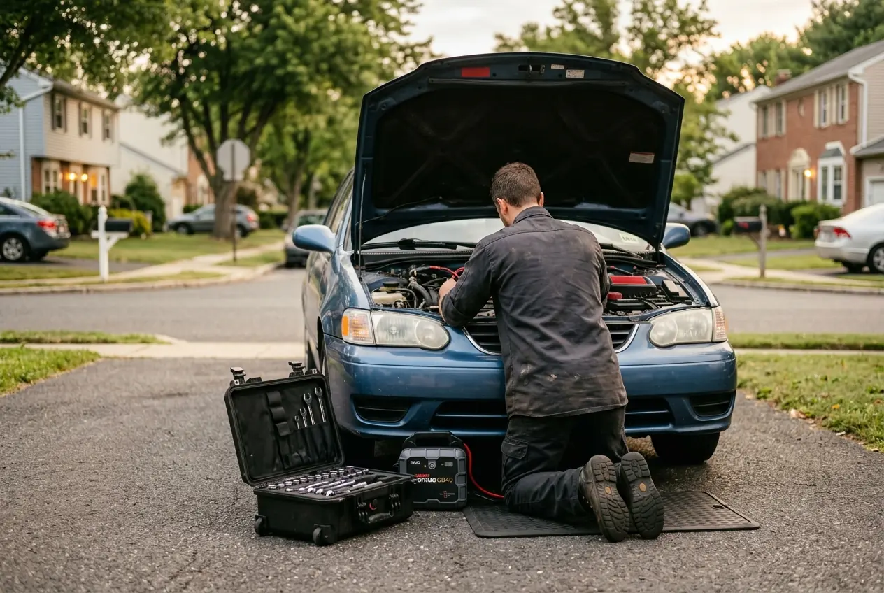 Mobile mechanic helping a customer at their car in Hillside, NJ